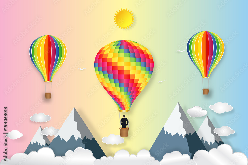 Businessman in the colorful hot air balloon and sunny under pastels sky background as paper art, craft style and business challenge concept. vector illustration. Businessman in the colorful hot air balloon and sunny under pastels sky background as paper art, craft style and business challenge concept. vector illustration.