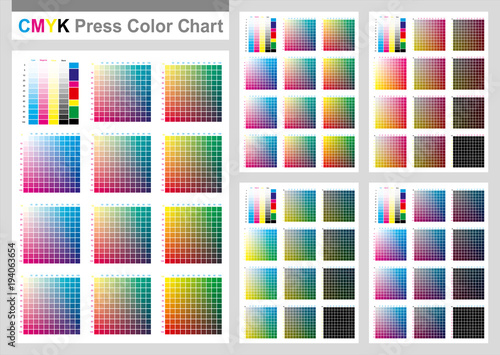 CMYK Press Color Chart. Vector color palette, CMYK process printing match. Cyan. Magenta. Yellow. Black. For digital design, animation, and packaging when CMYK printing is required