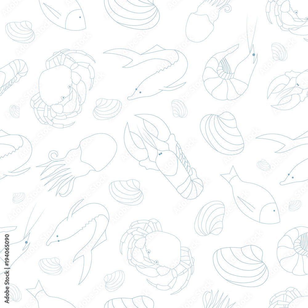 Seamless pattern with seafood silhouettes
