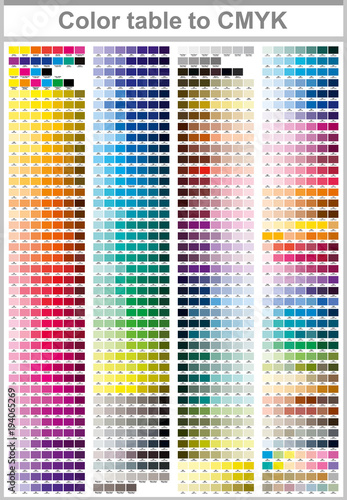 Color table Pantone to CMYK. Color print test page. Illustration CMYK colors for print. Vector color palette  photo