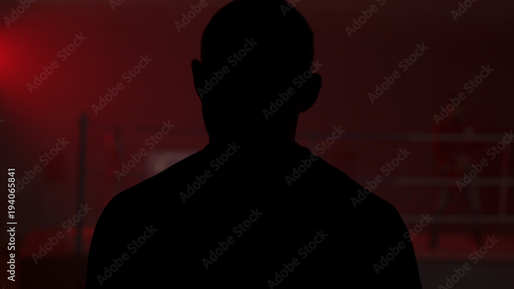 Silhouette of a man who comes into the room with a red light, back view. Shadow of man in the red room. Silhouette of a man in the light