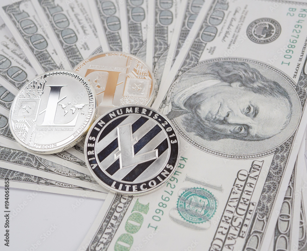 Litecoin golden coin New virtual money and dollar background Litecoin golden coin New virtual money and dollar background
