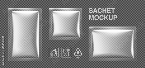 Template of blank sachet packaging for food, cosmetic and hygiene. Vector illustration on transparent background. Ready for your design. EPS10.