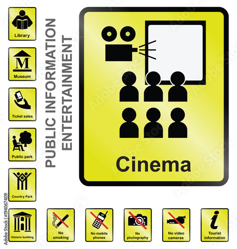 Yellow entertainment related public information signs isolated on white background