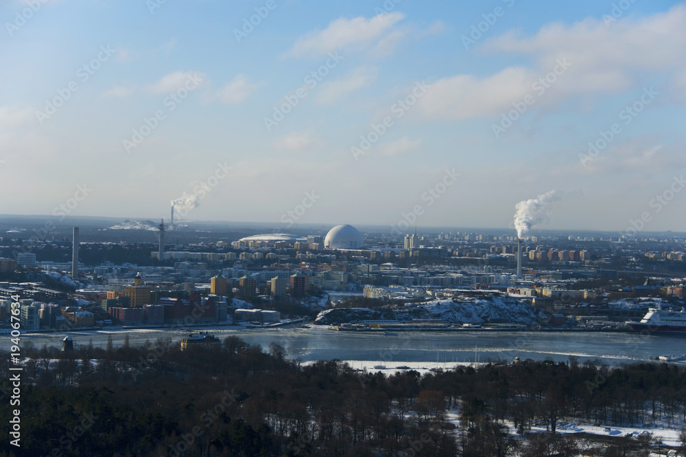 Winter view over Stockholm and the Globe acold and snowy winter day