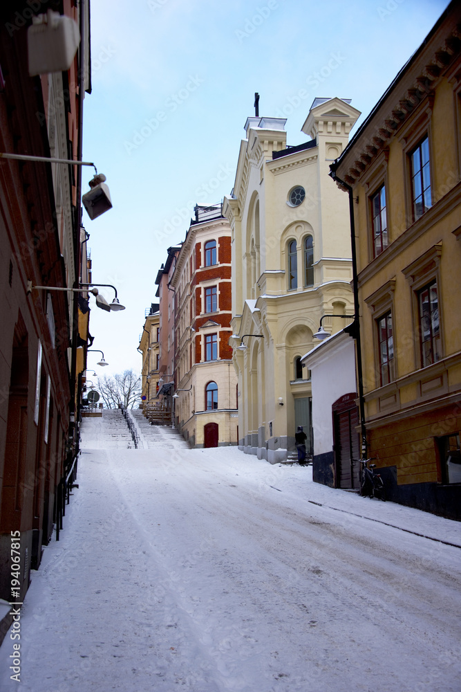 Old houses on Soödermalm in Stockholm a cold and snowy day