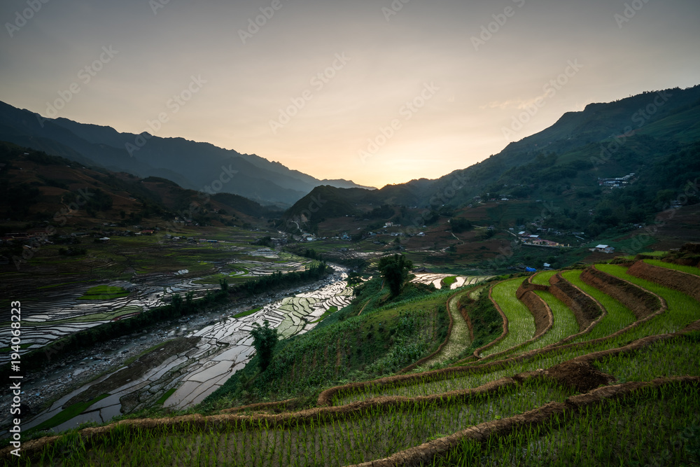 Terraced rice field in morning in water season, the time before starting grow rice in Y Ty, Lao Cai province, Vietnam