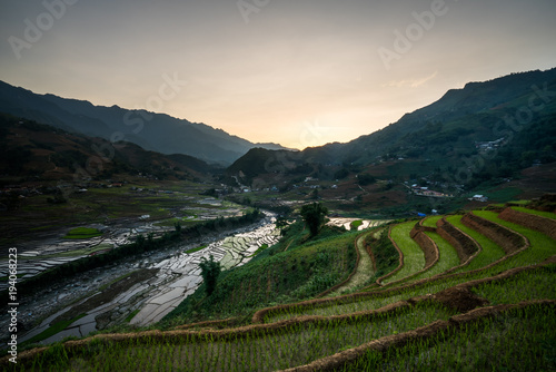 Terraced rice field in morning in water season  the time before starting grow rice in Y Ty  Lao Cai province  Vietnam