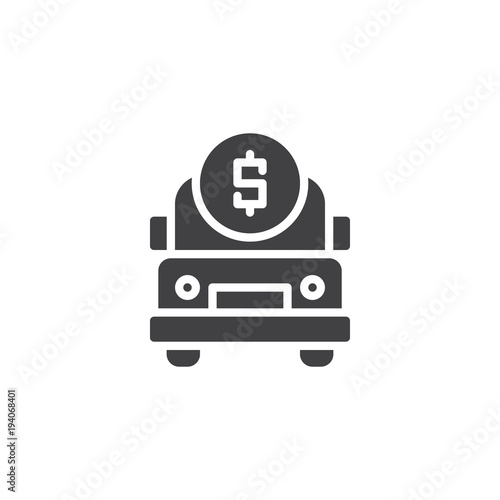 Car with dollar coin vector icon. filled flat sign for mobile concept and web design. Cash collection car simple solid icon. Symbol, logo illustration.