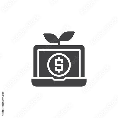 Laptop with growing money vector icon. filled flat sign for mobile concept and web design. Money tree on notebook simple solid icon. Symbol, logo illustration. 