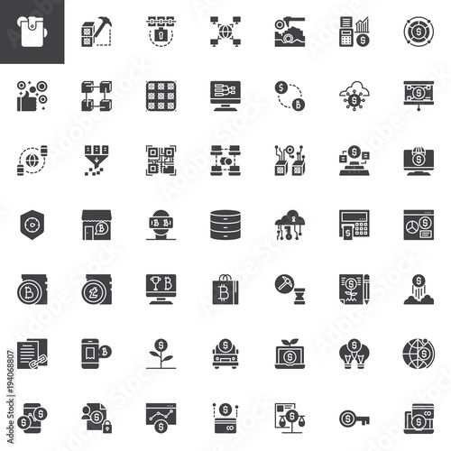Cryptocurrency and fintech vector icons set, Solid symbol collection, Pictogram pack. Signs, logo illustration. Set includes icons as cryptocurrency fintech blockchain, crypto digital, bitcoin