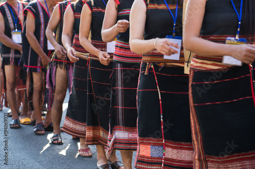 Vietnamese ethnic minority people closeup wears traditional costumes performing a traditional dance at an event organised in Daklak, center highland of Vietnam