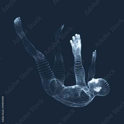 3d Man Slipping and Falling. Silhouette of a Man Fallen Down. 3D Model of Man. Human Body Model. Vector Illustration.