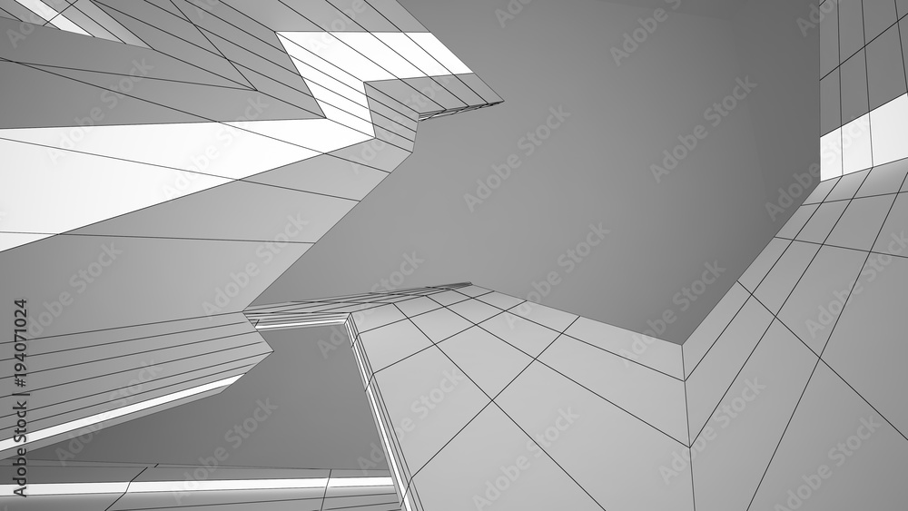 Obraz premium Abstract drawing white parametric interior. Polygon black drawing. 3D illustration and rendering.