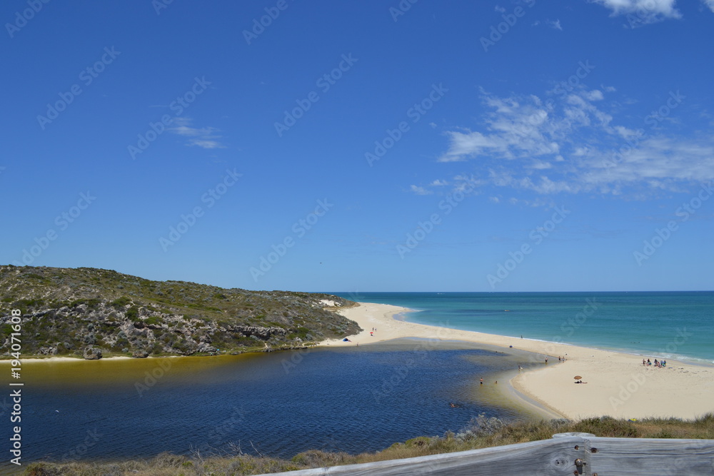 Tourism summer holiday destination western Australia Moore river white sand dark blue beach beach
