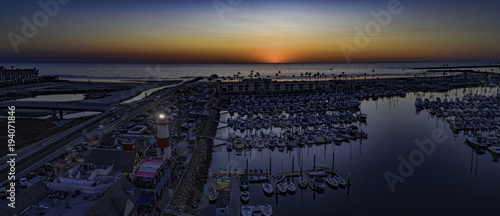 5 image aerial sunset view of Oceanside Harbor, Oceanside, California, USA.