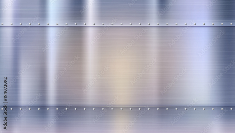 Metal background with texture and rivets, blurred reflections. Polished riveted metal sheets with place for text. Template for your poster, banner, cover art and other design