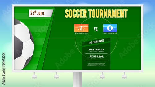 Soccer poster with text design on white billboard. Banner of tournament of football with the layout of the playing field and soccer ball. Template for advertising sports event. Vector 3D illustration