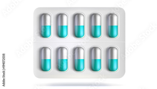 Blister pack with pills for illness. Realistic template of packaging for medical drugs for tablets, vitamin, antibiotics. Vector 3D illustrations of pack isolated on white background.