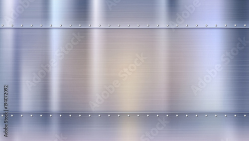 Metal background with texture and rivets, blurred reflections. Polished riveted metal sheets with place for text. Template for your poster, banner, cover art and other design