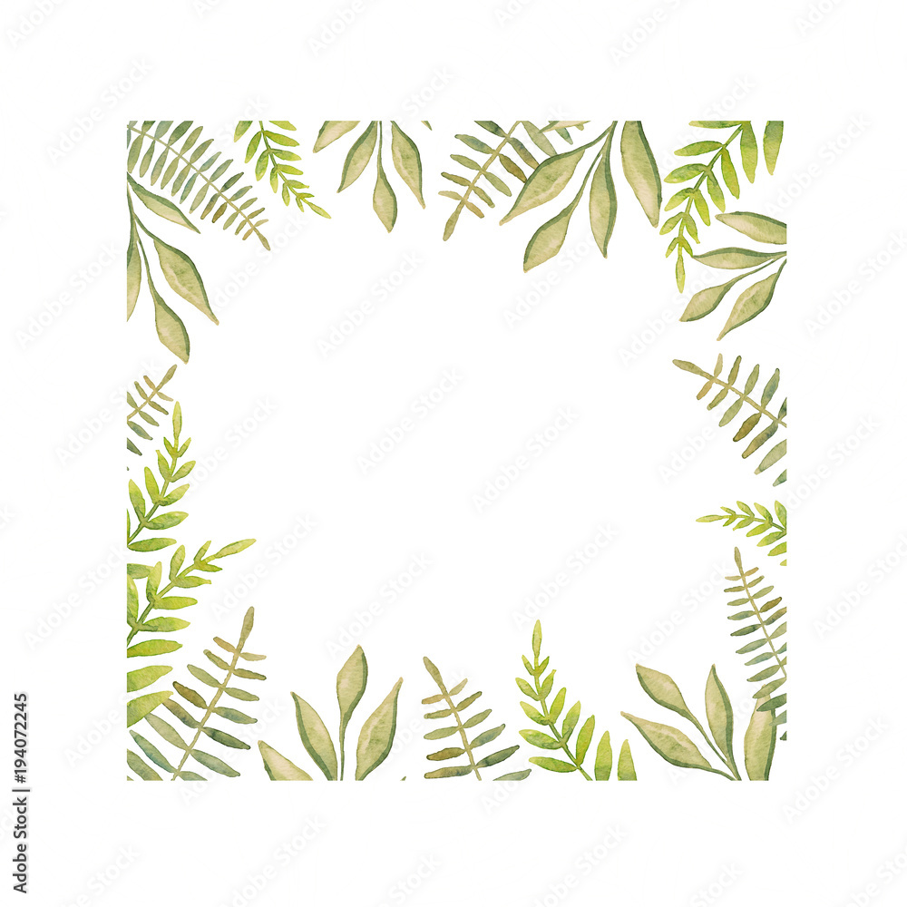 Beautiful abstract green leaves painted with watercolor make up a square decorative frame with white background