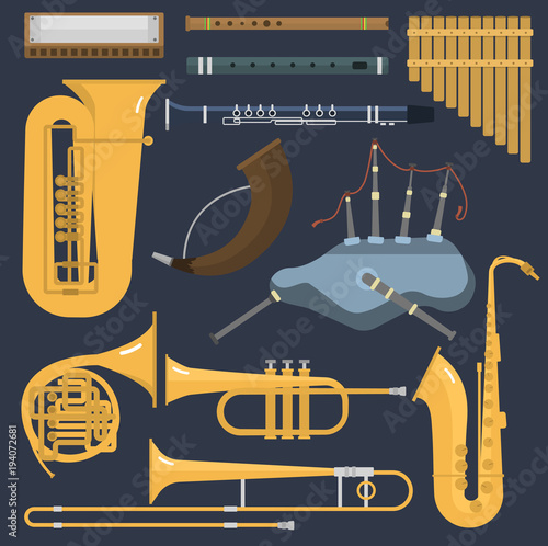 Musical wind brass tube instruments isolated on background. Blow blare studio acoustic shiny musician brass equipment. Orchestra trumpet tube sound metal woodwind tool