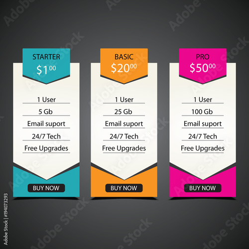 Free pricing tables with 3 payments plans for online services vector template