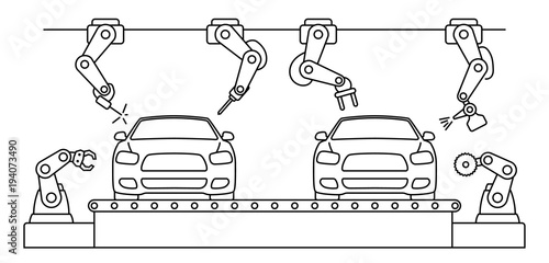Thin line style car assembly line. Automatic auto production conveyor. Robotic car machinery industry concept. Vector illustration.