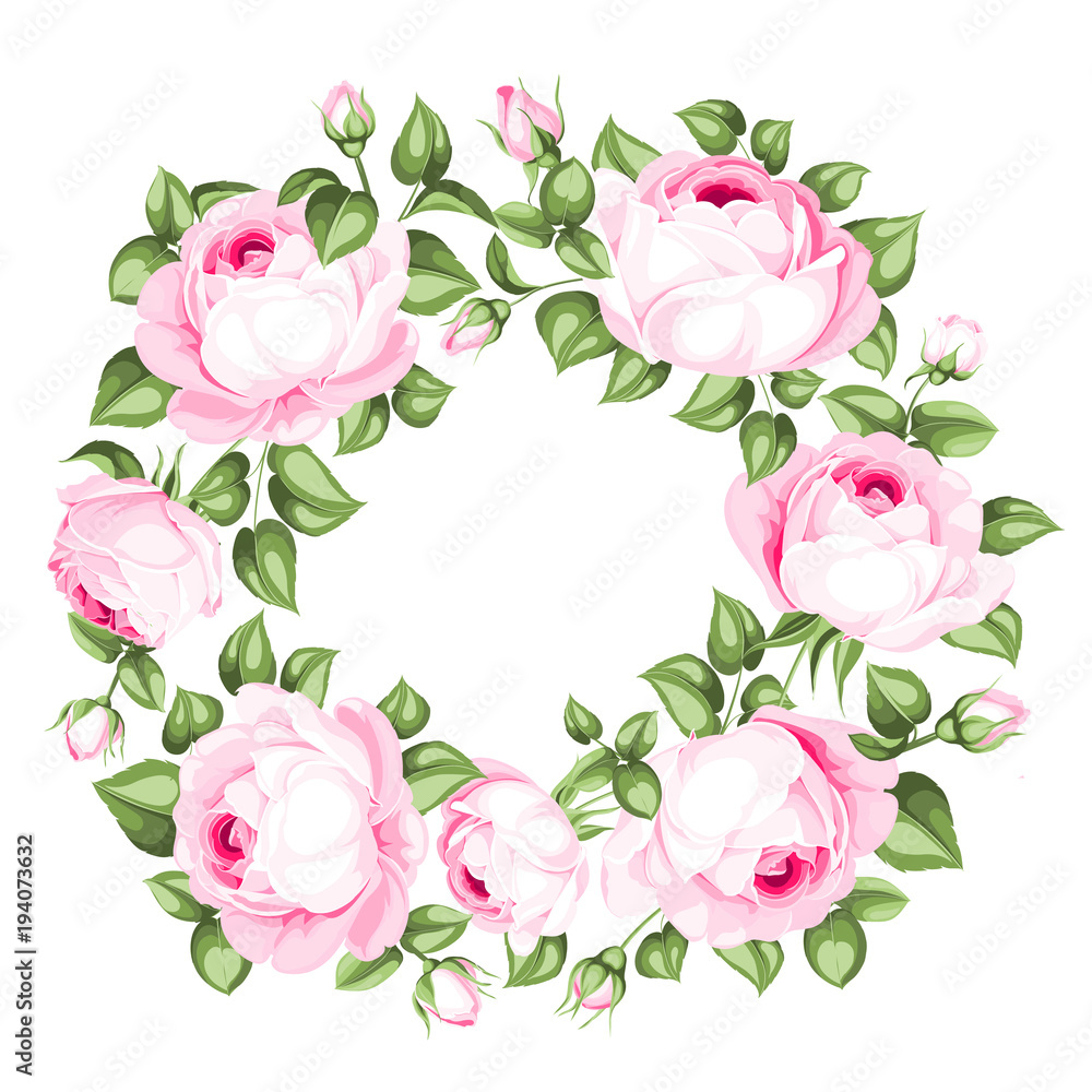 Awesome garland of blooming roses. Spring flowers with place for invitation text. Happy holiday card. Summer holiday invitation card with garland with text place. Vector illustration.