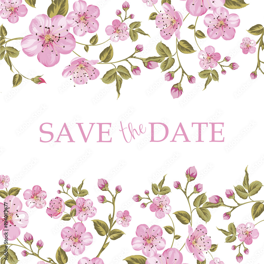 Blooming sakura tree branch on the invitation card isolated over white background and text place in the center. Congratulation text card with Save the date sign. Vector illustration.