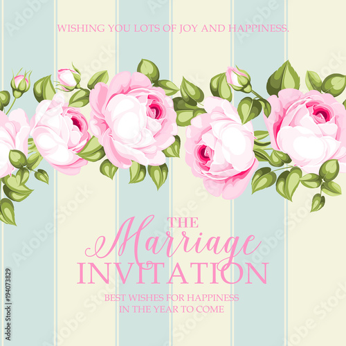 Marriage invitation card. Wedding card template with blooming roses and custom text isolated over blue tile background. Pink flowers of blossom roses. Vector illustration.