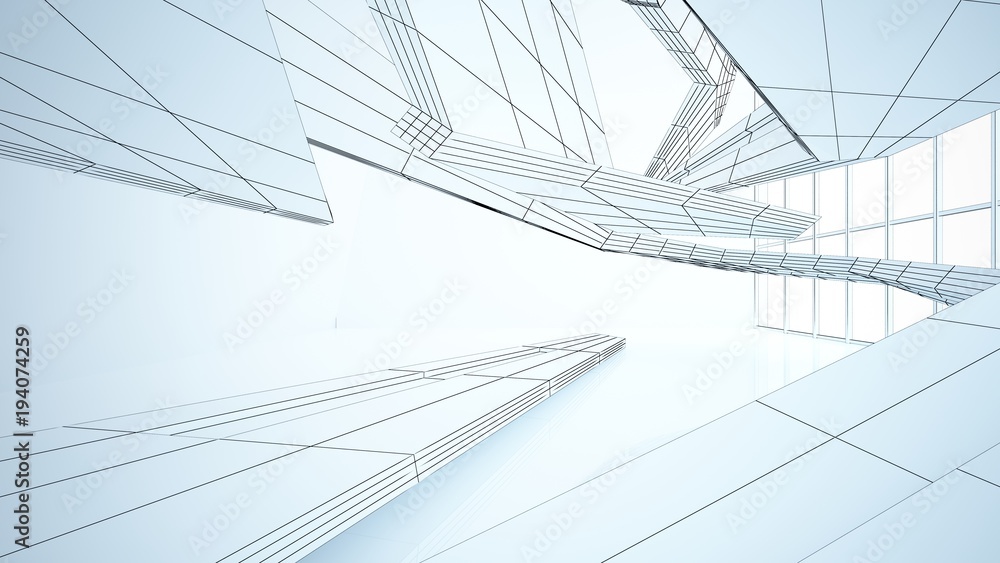 Fototapeta premium Abstract drawing white parametric interior with window. Polygon colored drawing. 3D illustration and rendering.