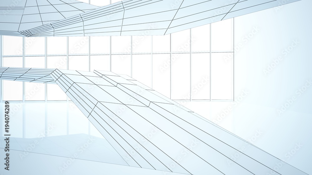 Fototapeta premium Abstract drawing white parametric interior with window. Polygon colored drawing. 3D illustration and rendering.