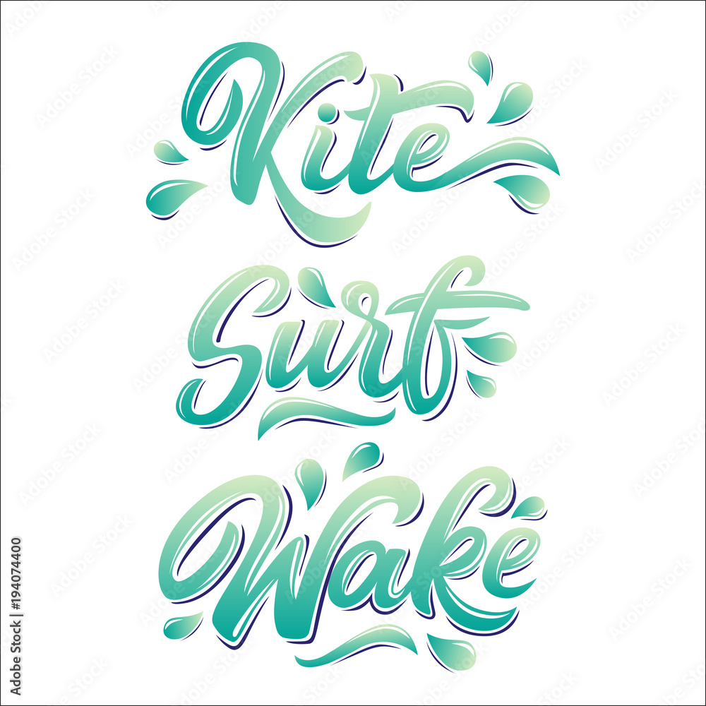 Water extreme sport lettering set in graffiti style isolated on white background: kite, surf, wake. Vector illustration for design t-shirts, banners, labels, clothes, apparel, water extreme sports com Water extreme sport lettering set in graffiti style isolated on white background: kite, surf, wake. Vector illustration for design t-shirts, banners, labels, clothes, apparel, water extreme sports com