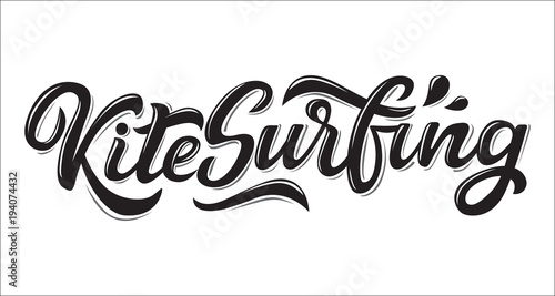 Kitesurfing lettering logo in graffiti style isolated on white background. Vector illustration for design t-shirts, banners, labels, clothes, apparel, water extreme sports competition.