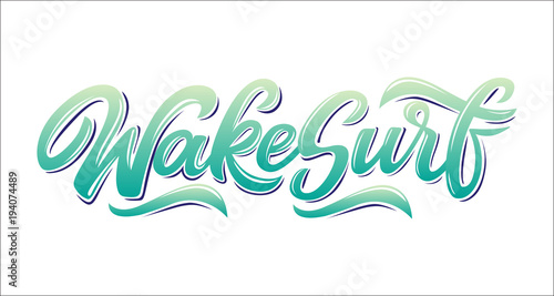 Wake surfing lettering logo in graffiti style isolated on white background. Vector illustration for design t-shirts, banners, labels, clothes, apparel, water extreme sports competition.
