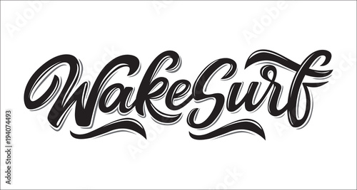 Wake surfing lettering logo in graffiti style isolated on white background. Vector illustration for design t-shirts, banners, labels, clothes, apparel, water extreme sports competition.