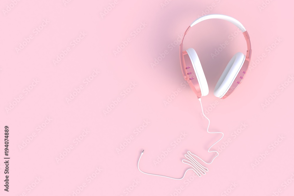 Pink headphones on pink background, Top view with copyspace for your text, 3D rendering Pink headphones on pink background, Top view with copyspace for your text, 3D rendering