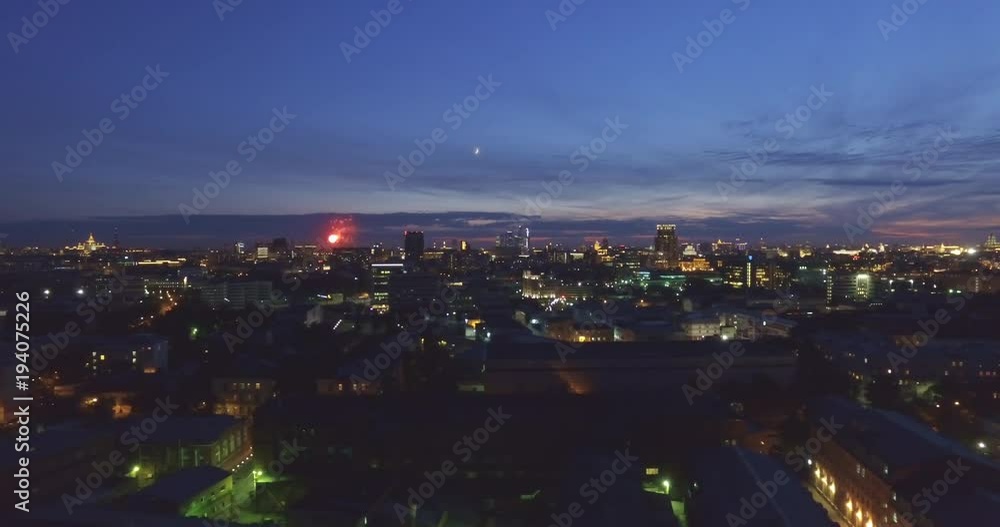 Aerial night district downtown city and salute at Moscow Aerial night district downtown city and salute at Moscow