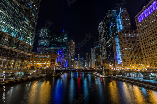 Chicago downtown by the river at night