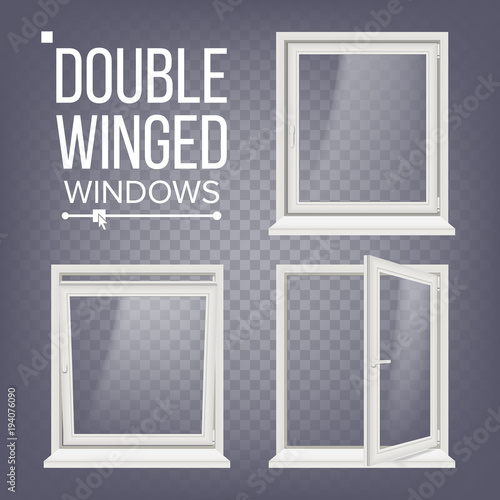 Plastic PVC Window Vector. Double-Winged. Opened And Closed. Front View. Home Window Design Element. Isolated On Transparent Background Realistic Illustration
