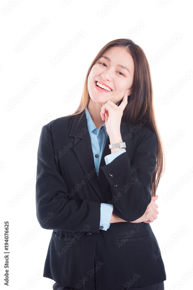 Beautiful asian businesswoman in black suit smiling over white background Beautiful asian businesswoman in black suit smiling over white background