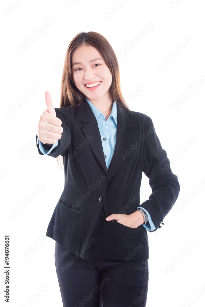 Beautiful asian businesswoman in black suit showing thumb up and smiling over white background Beautiful asian businesswoman in black suit showing thumb up and smiling over white background