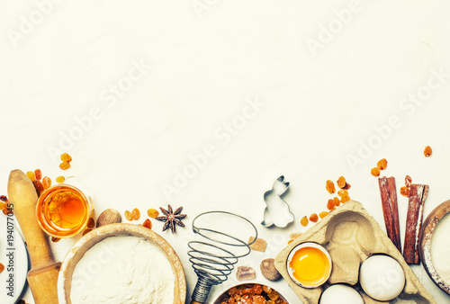 Easter baking ingredients  white food background  top view