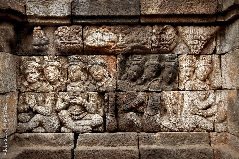 Ancient bas-reliefs on the walls of the Borobudur temple. Indonesia. Java island. Ancient bas-reliefs on the walls of the Borobudur temple. Indonesia. Java island.