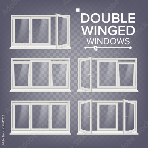 Plastic Window Vector. Double-Winged. White. PVC Windows. Plastic White Window Frame. Isolated On Transparent Background Realistic Illustration