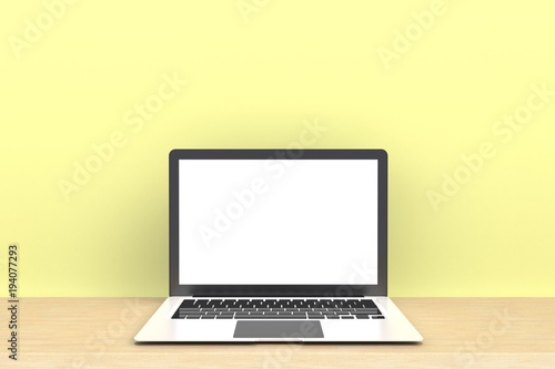 Computer Network Connection Digital Technology, Laptop computer white blank screen on wood work table front view, Isolated on yellow background, 3D rendering