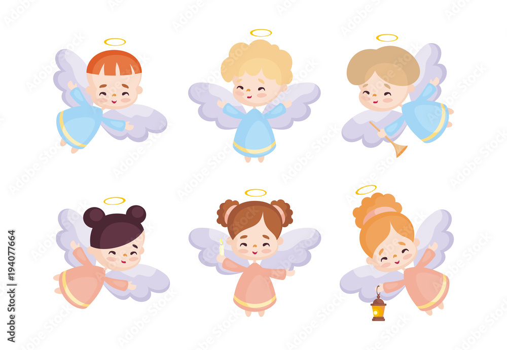 Cute angels set in a cartoon style. Vector illustrations isolated on white background. Cute angels set in a cartoon style. Vector illustrations isolated on white background.