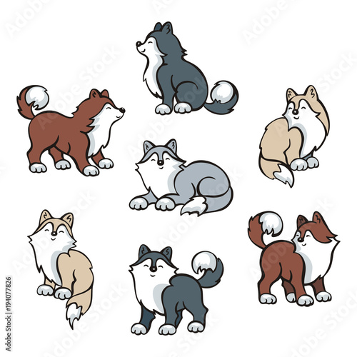 Funny husky dogs set. Vector illustrations in doodle style isolated on white background.