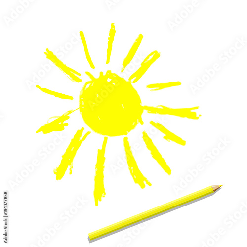 Hand drawn yellow sun and realistic yellow pencil. Vector illustration.